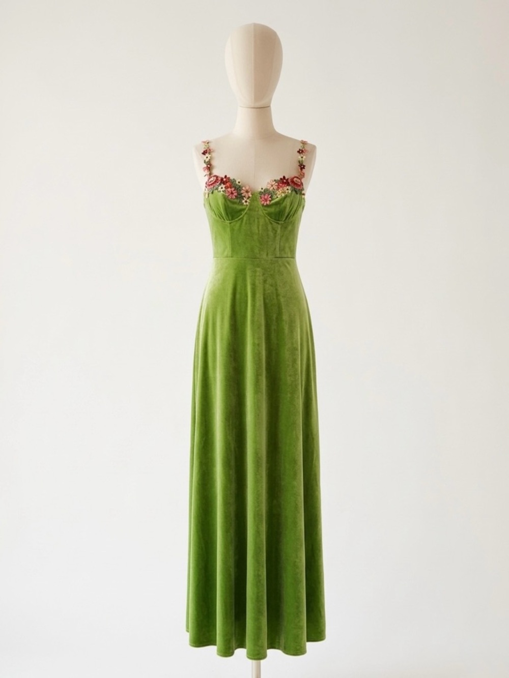 Green Velvet Midi Dress with Floral Trim